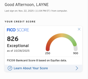A screenshot of a FICO credit score of 826